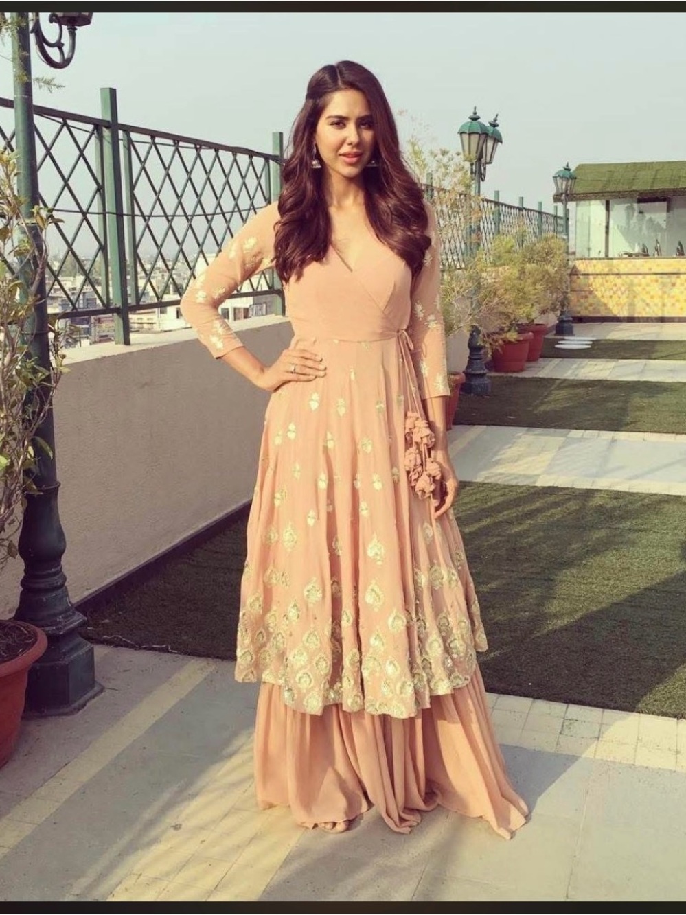 Elegant Peach Embroidered Women's Wrap Dress